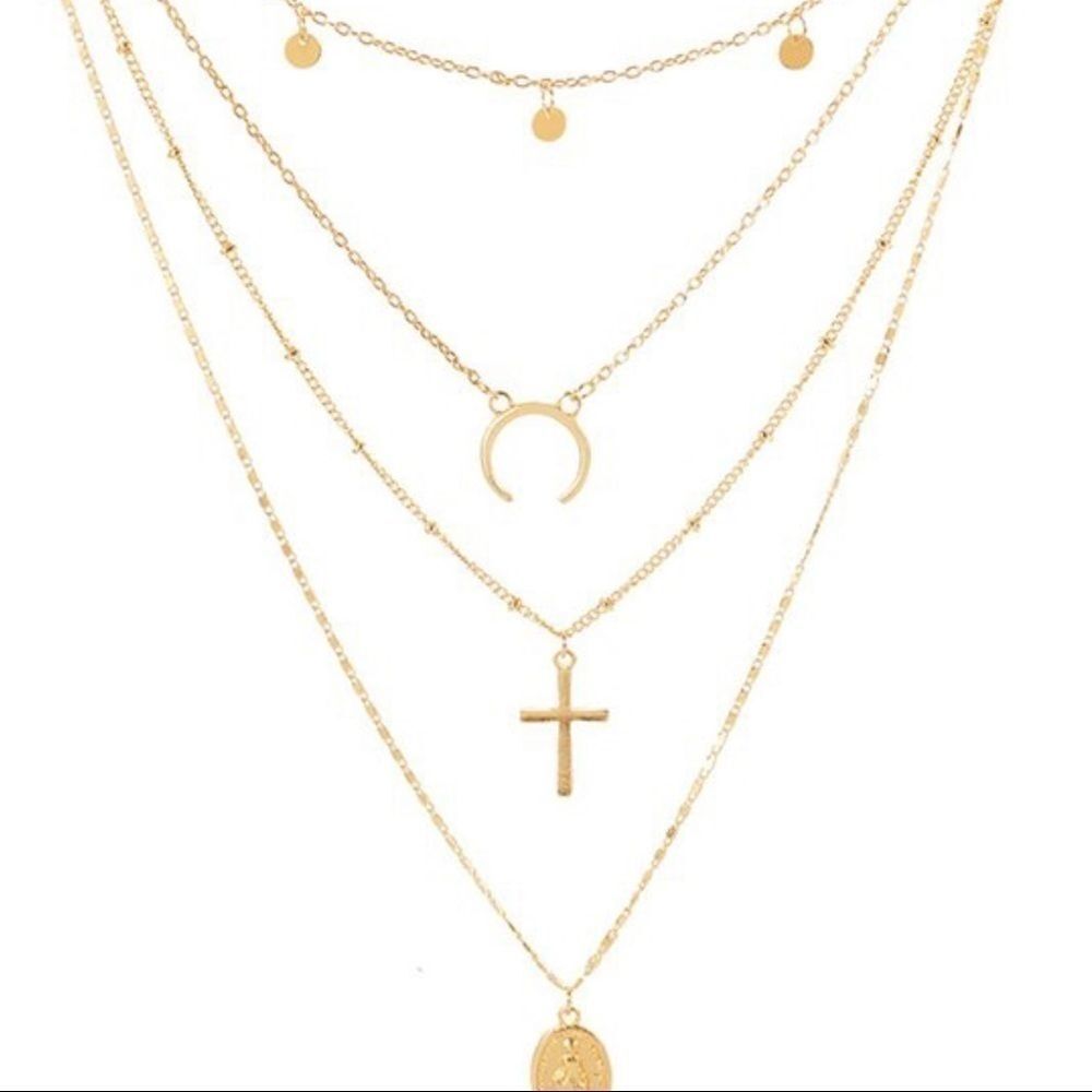 Gold Tone Multilayer Cross Circle Moon Necklace
